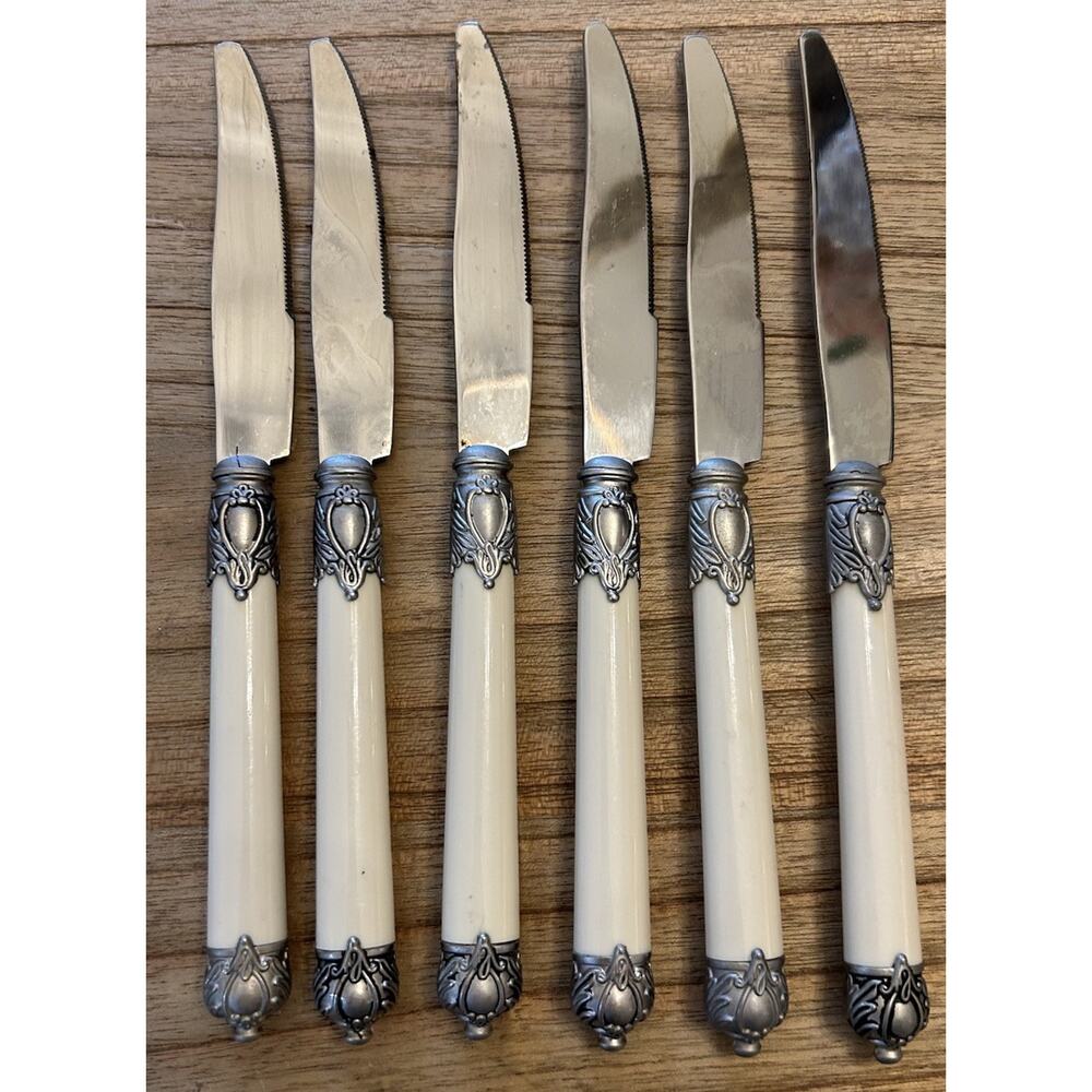Vtg Set of 6 Home Essentials RENAISSANCE BONE‎ Dinner Knives 9” Serrated